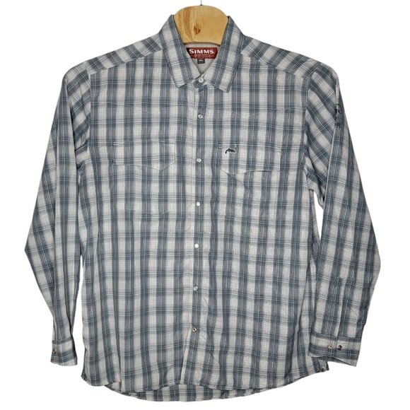 Simms XL Gray Plaid Vented Long‎ Sleeve Western Pearl Snap Men's Fishing Shirt - Picture 1 of 5